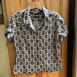 Vintage Harley-Davidson Blue and Cream Casual Button Down Shirt